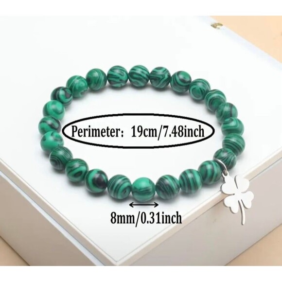 Natural Peacock Stone Bead Bracelet with Lucky Four-Leaf Clover - Picture 3 of 5